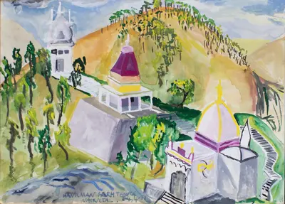 Gouache painting of Hanuman Garh temple in India